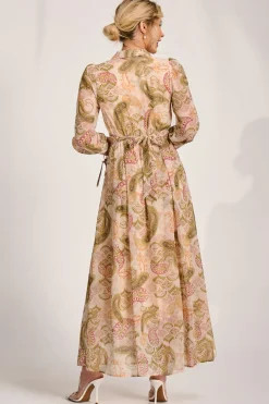 Long Sleeve Ruffle Chiffon Shirt Maxi Dress, Beige Paisley