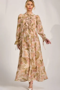 Long Sleeve Ruffle Chiffon Shirt Maxi Dress, Beige Paisley