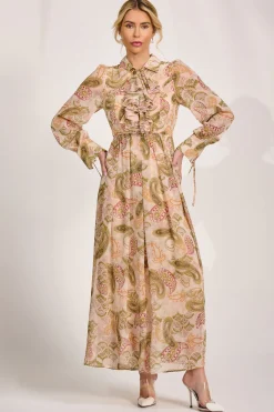 Long Sleeve Ruffle Chiffon Shirt Maxi Dress, Beige Paisley