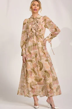 Long Sleeve Ruffle Chiffon Shirt Maxi Dress, Beige Paisley