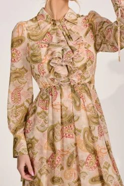 Long Sleeve Ruffle Chiffon Shirt Maxi Dress, Beige Paisley