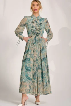 Long Sleeve Ruffle Chiffon Shirt Maxi Dress, Teal Paisley
