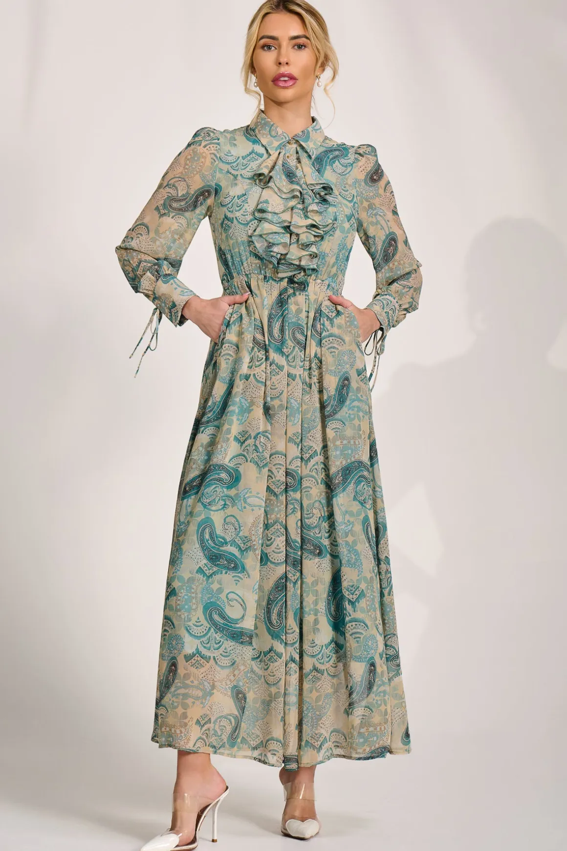 Long Sleeve Ruffle Chiffon Shirt Maxi Dress, Teal Paisley