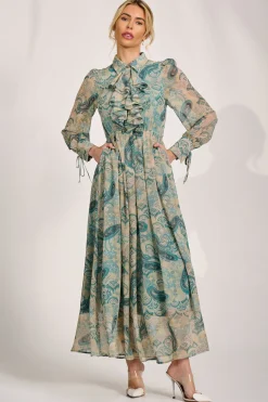 Long Sleeve Ruffle Chiffon Shirt Maxi Dress, Teal Paisley