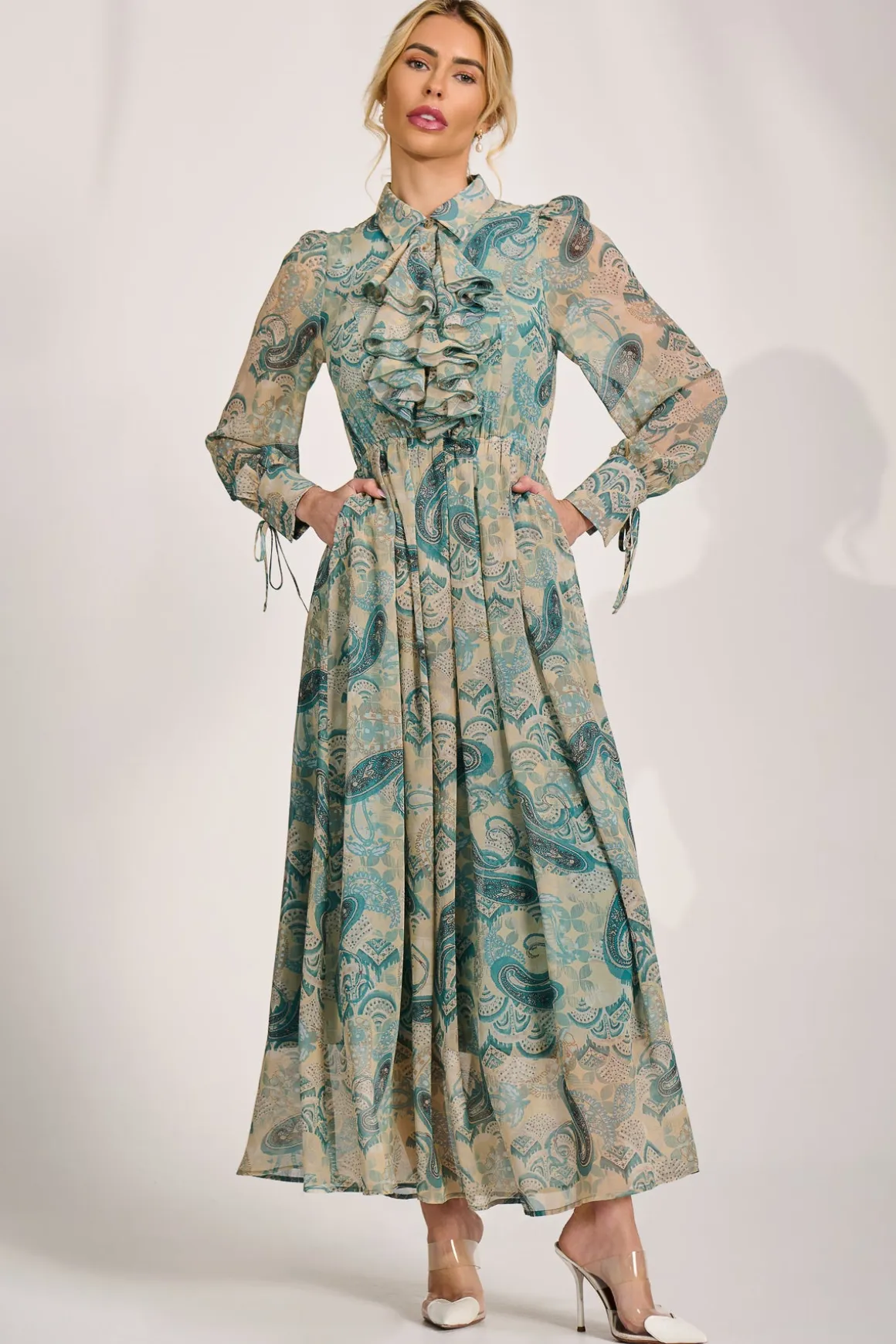 Long Sleeve Ruffle Chiffon Shirt Maxi Dress, Teal Paisley