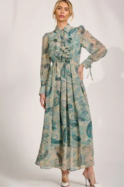 Long Sleeve Ruffle Chiffon Shirt Maxi Dress, Teal Paisley