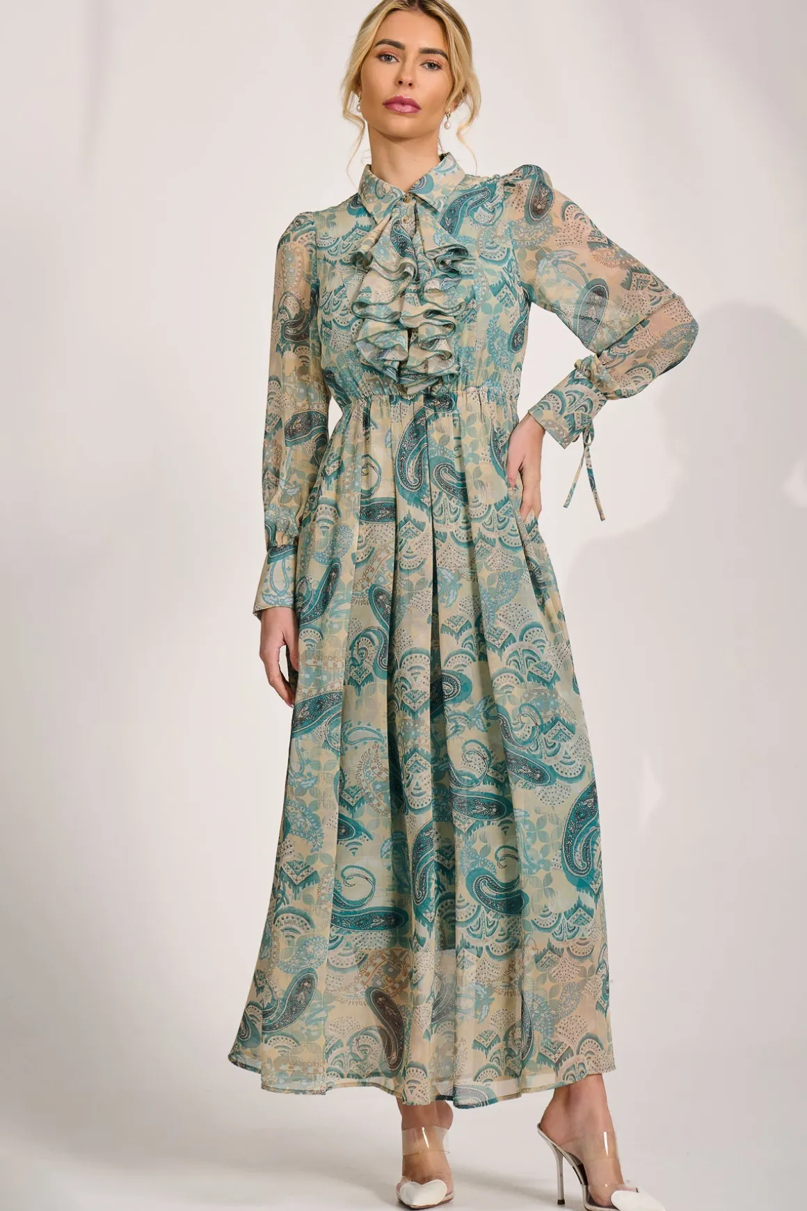 Long Sleeve Ruffle Chiffon Shirt Maxi Dress, Teal Paisley