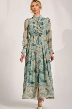Long Sleeve Ruffle Chiffon Shirt Maxi Dress, Teal Paisley