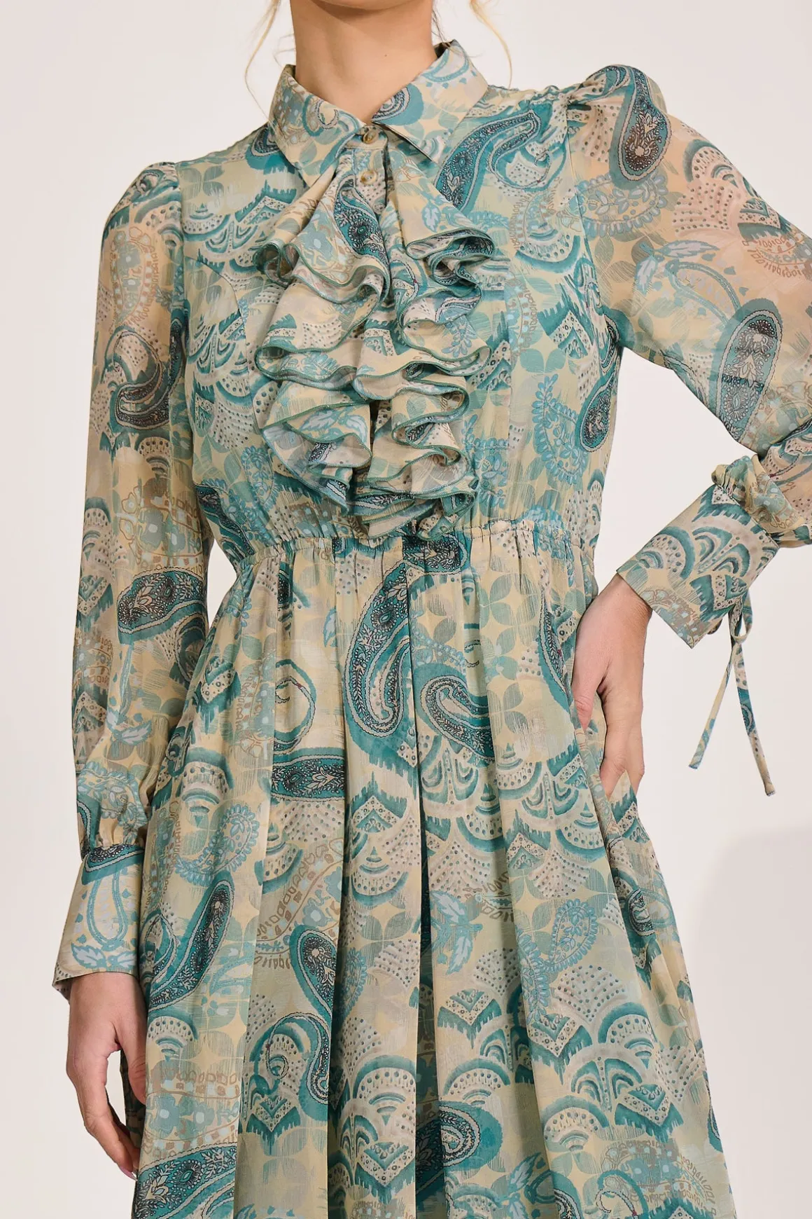 Long Sleeve Ruffle Chiffon Shirt Maxi Dress, Teal Paisley