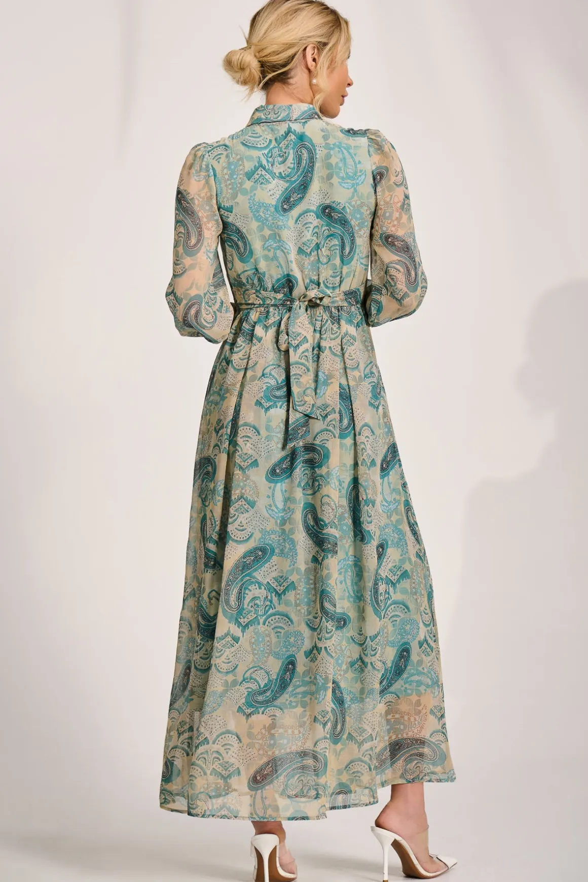 Long Sleeve Ruffle Chiffon Shirt Maxi Dress, Teal Paisley