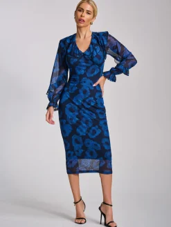 Long Sleeve Ruffle Detail Mesh Bodycon Dress, Blue Abstract