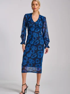 Long Sleeve Ruffle Detail Mesh Bodycon Dress, Blue Abstract