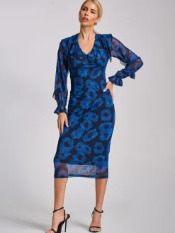 Long Sleeve Ruffle Detail Mesh Bodycon Dress, Blue Abstract
