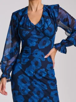 Long Sleeve Ruffle Detail Mesh Bodycon Dress, Blue Abstract