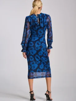 Long Sleeve Ruffle Detail Mesh Bodycon Dress, Blue Abstract