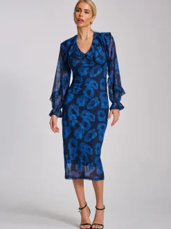 Long Sleeve Ruffle Detail Mesh Bodycon Dress, Blue Abstract