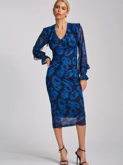 Long Sleeve Ruffle Detail Mesh Bodycon Dress, Blue Abstract