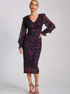 Long Sleeve Ruffle Detail Mesh Bodycon Dress, Fuchsia Abstract