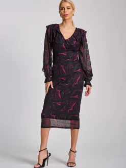 Long Sleeve Ruffle Detail Mesh Bodycon Dress, Fuchsia Abstract