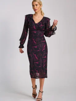 Long Sleeve Ruffle Detail Mesh Bodycon Dress, Fuchsia Abstract