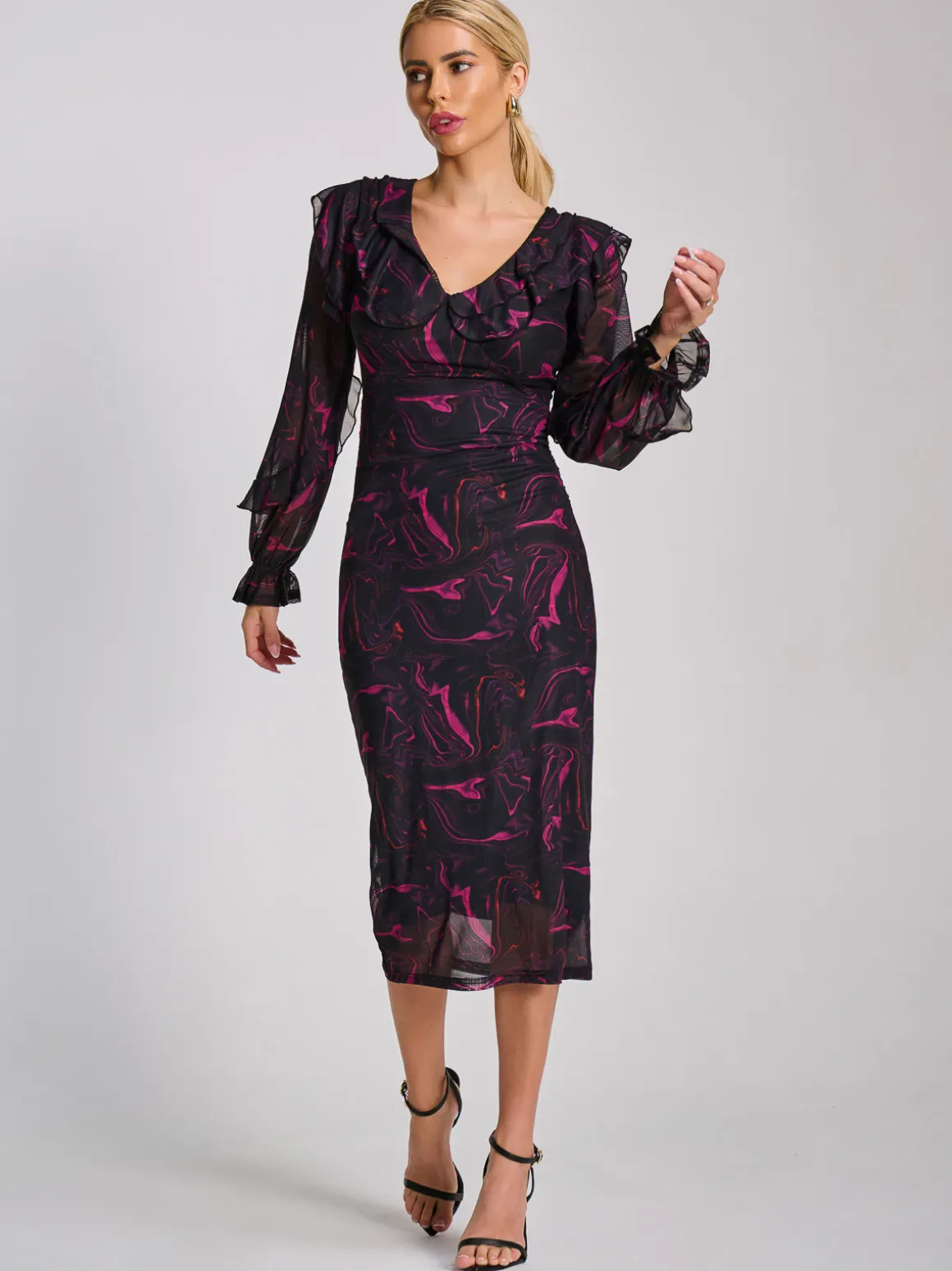 Long Sleeve Ruffle Detail Mesh Bodycon Dress, Fuchsia Abstract
