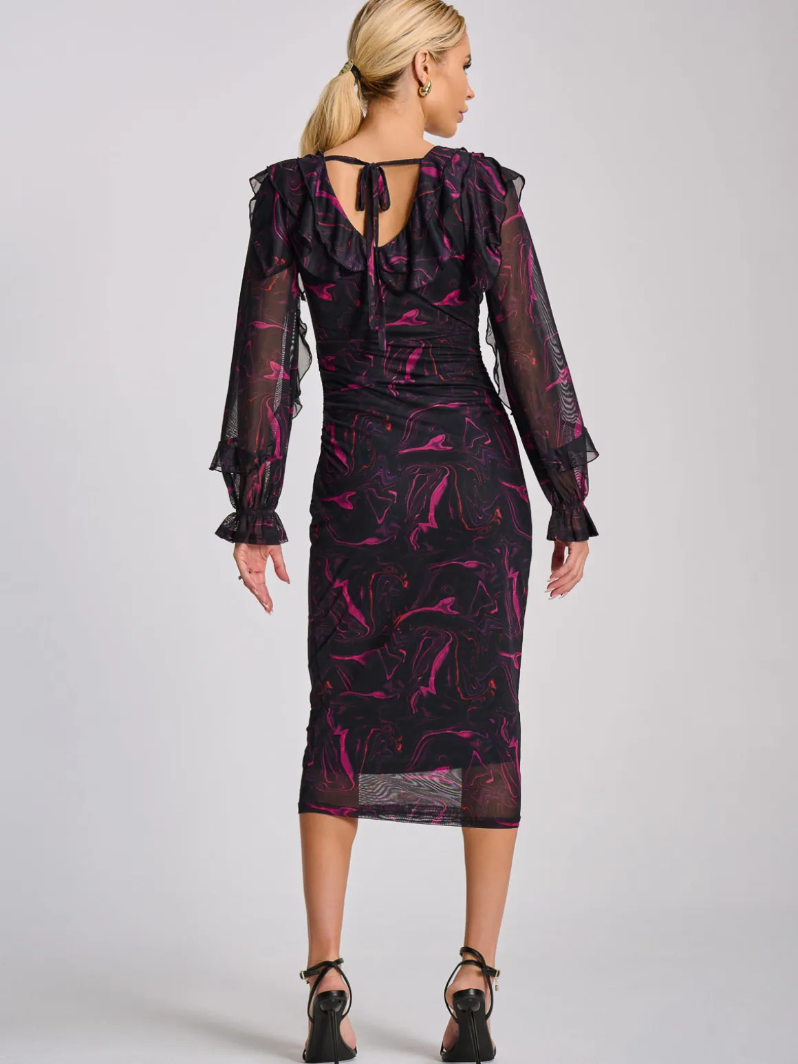 Long Sleeve Ruffle Detail Mesh Bodycon Dress, Fuchsia Abstract