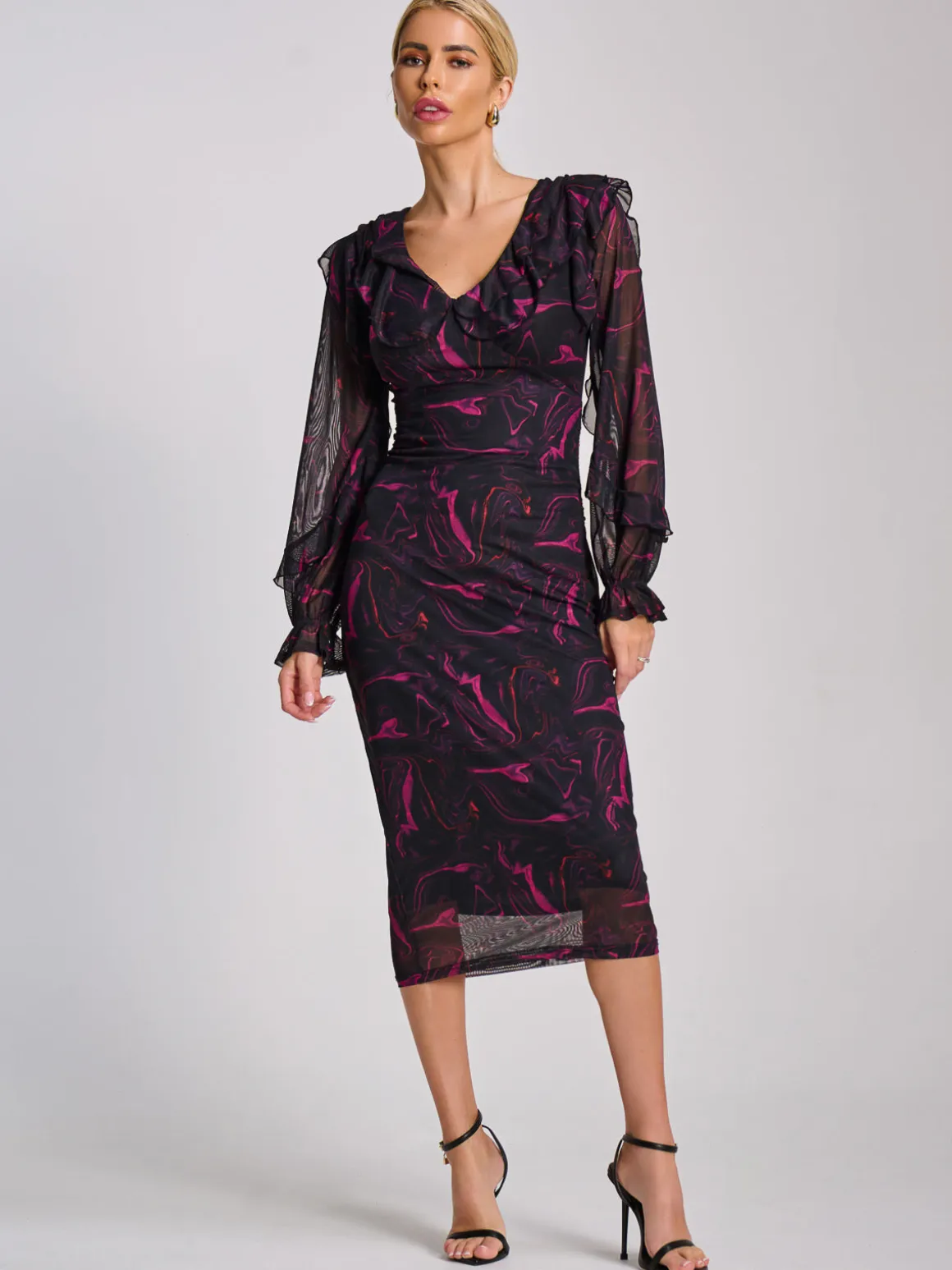 Long Sleeve Ruffle Detail Mesh Bodycon Dress, Fuchsia Abstract