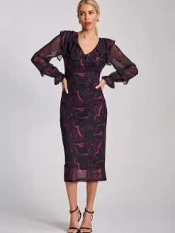 Long Sleeve Ruffle Detail Mesh Bodycon Dress, Fuchsia Abstract