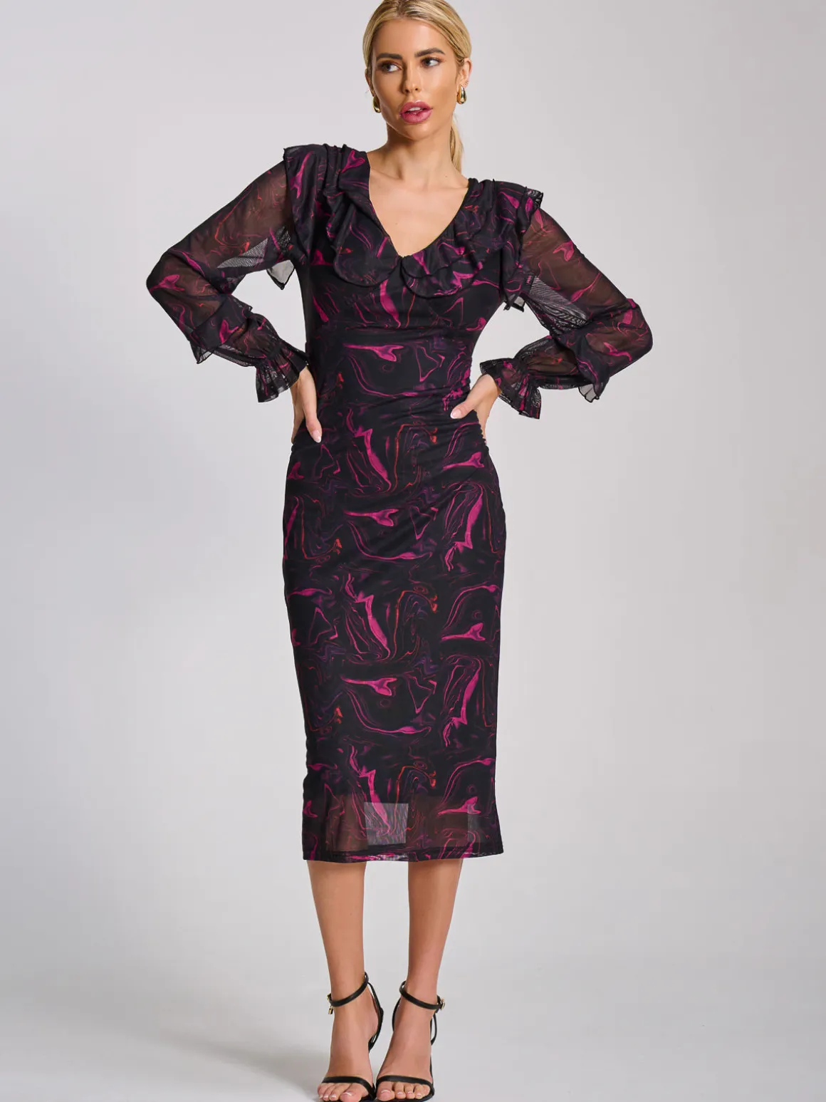 Long Sleeve Ruffle Detail Mesh Bodycon Dress, Fuchsia Abstract
