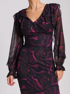 Long Sleeve Ruffle Detail Mesh Bodycon Dress, Fuchsia Abstract