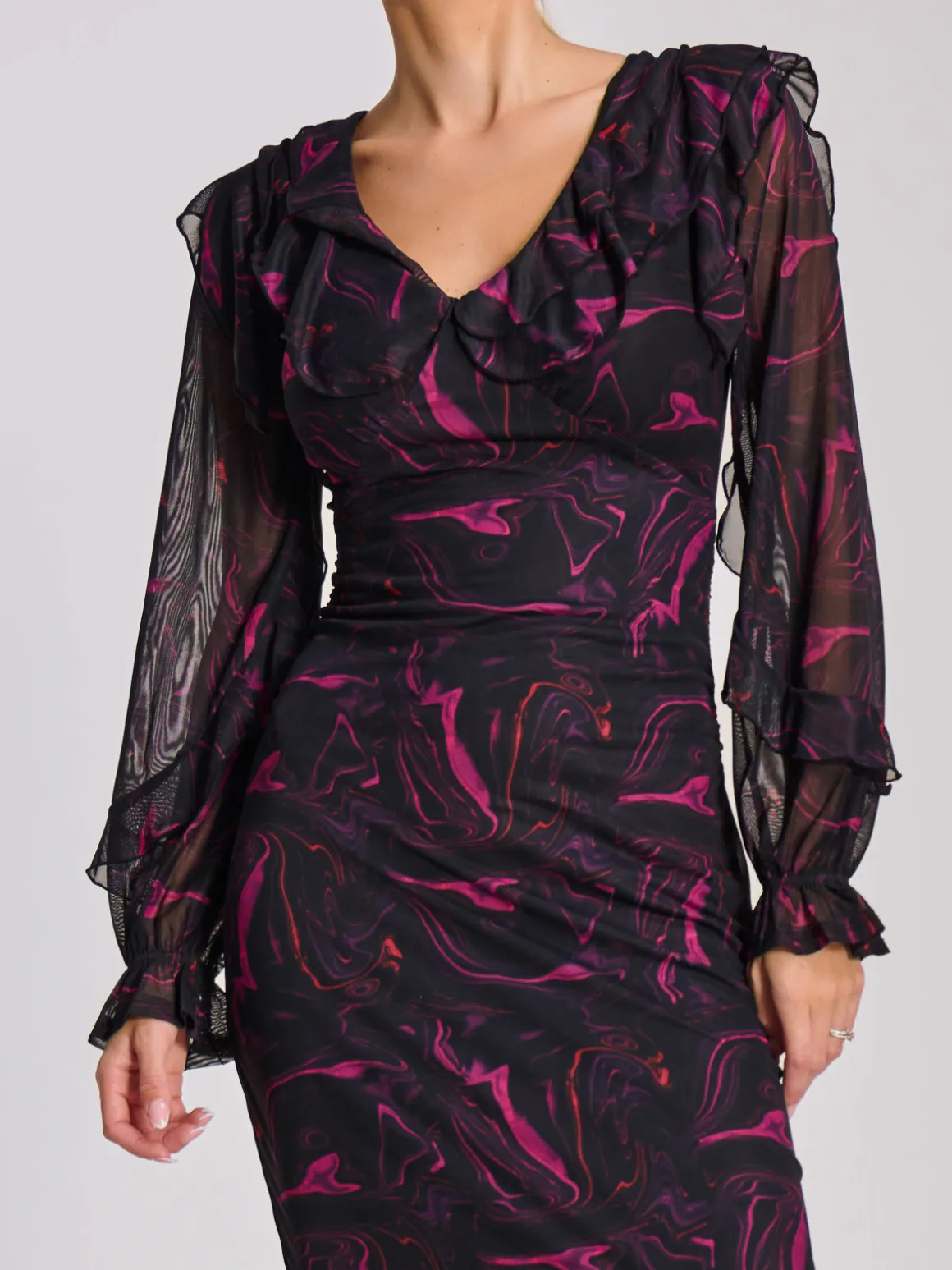 Long Sleeve Ruffle Detail Mesh Bodycon Dress, Fuchsia Abstract