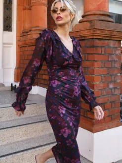 Long Sleeve Ruffle Detail Mesh Bodycon Dress, Pink Floral