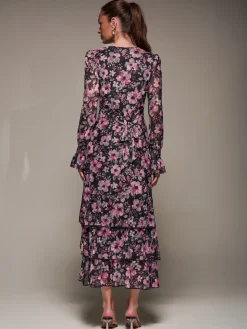 Long Sleeve Ruffle Hem Mesh Maxi Dress, Black Pink Floral