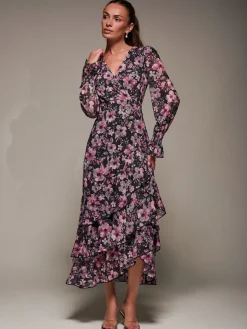 Long Sleeve Ruffle Hem Mesh Maxi Dress, Black Pink Floral