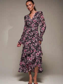 Long Sleeve Ruffle Hem Mesh Maxi Dress, Black Pink Floral