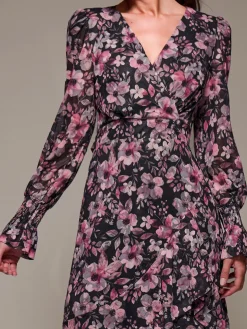 Long Sleeve Ruffle Hem Mesh Maxi Dress, Black Pink Floral