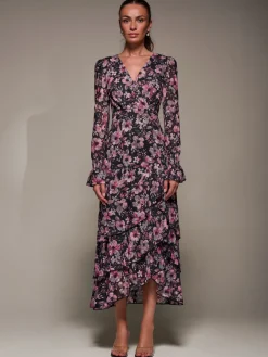 Long Sleeve Ruffle Hem Mesh Maxi Dress, Black Pink Floral