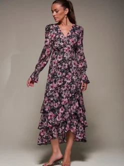 Long Sleeve Ruffle Hem Mesh Maxi Dress, Black Pink Floral