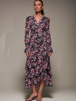 Long Sleeve Ruffle Hem Mesh Maxi Dress, Black Pink Floral