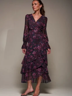 Long Sleeve Ruffle Hem Mesh Maxi Dress, Navy Floral