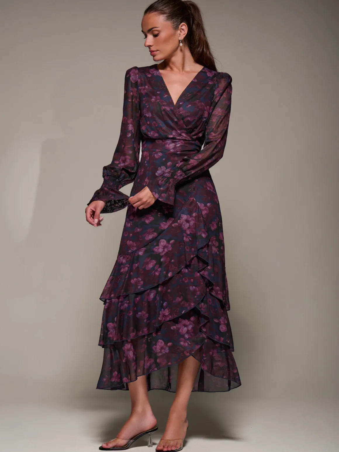 Long Sleeve Ruffle Hem Mesh Maxi Dress, Navy Floral