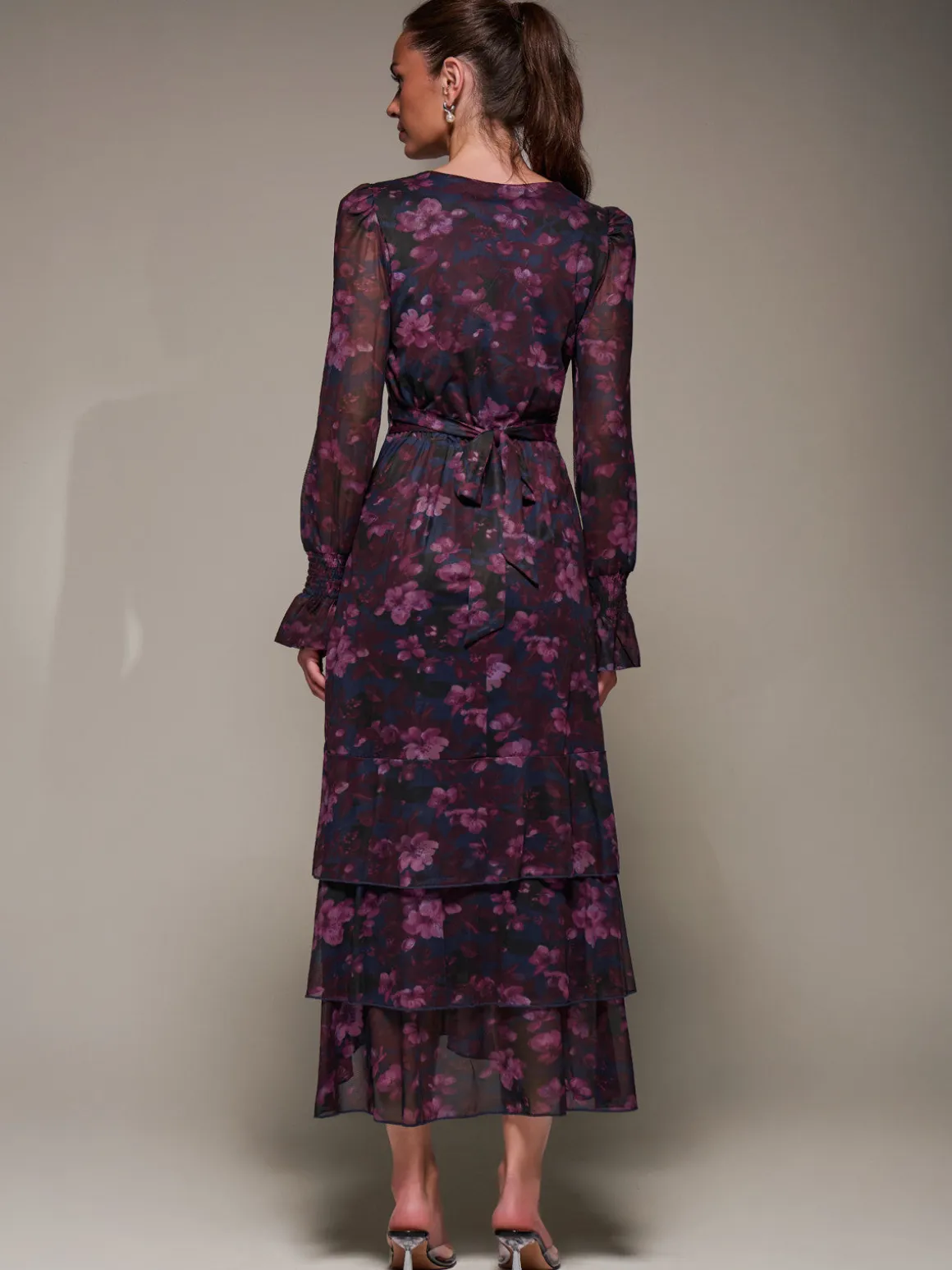 Long Sleeve Ruffle Hem Mesh Maxi Dress, Navy Floral