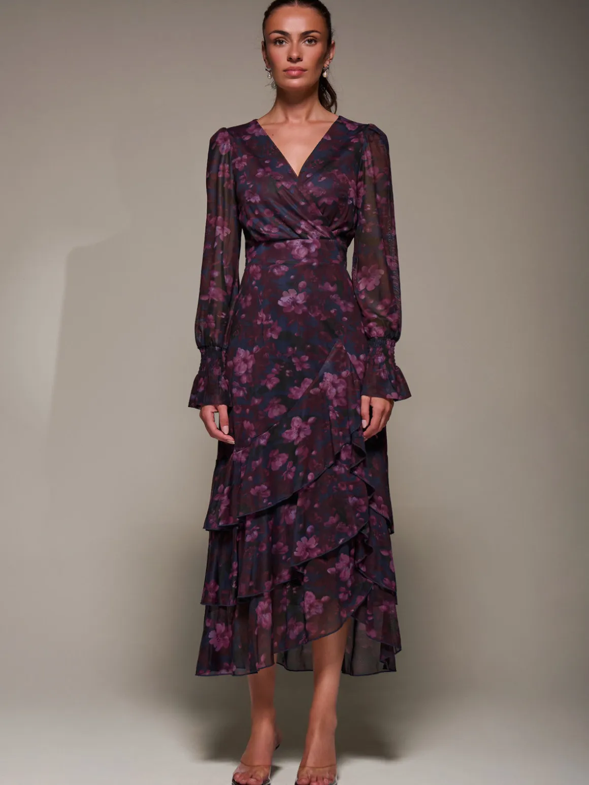 Long Sleeve Ruffle Hem Mesh Maxi Dress, Navy Floral