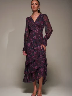 Long Sleeve Ruffle Hem Mesh Maxi Dress, Navy Floral