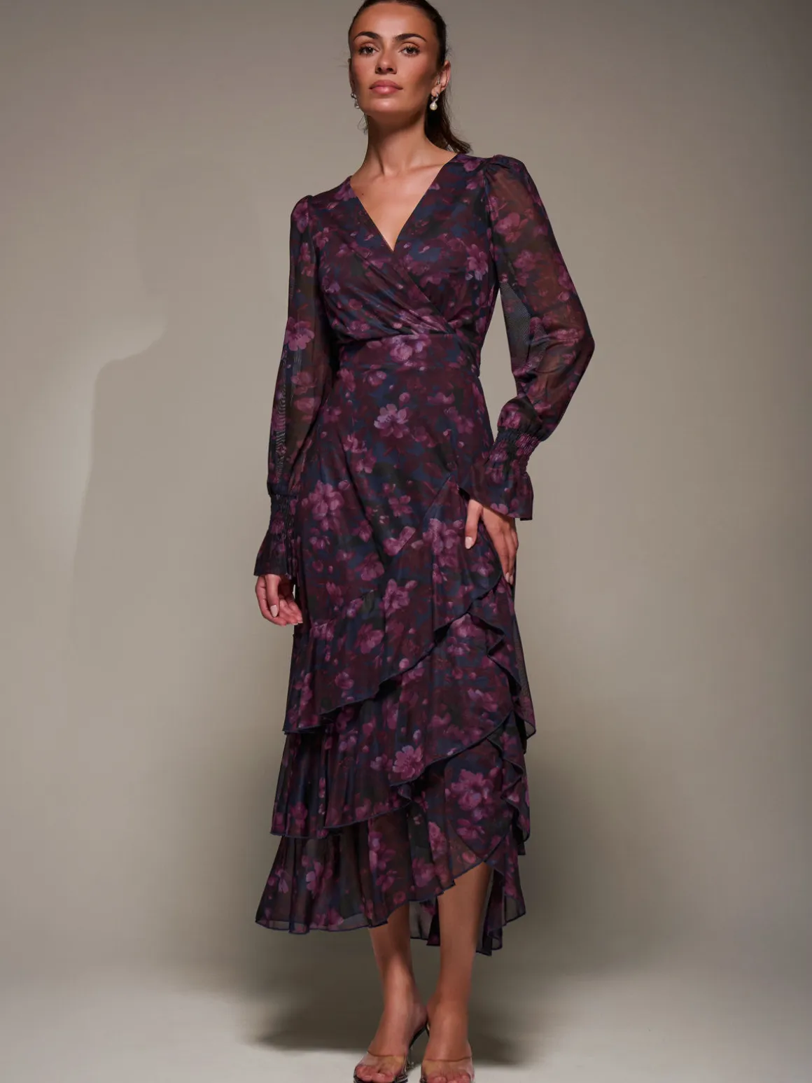 Long Sleeve Ruffle Hem Mesh Maxi Dress, Navy Floral