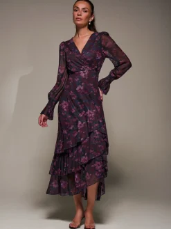 Long Sleeve Ruffle Hem Mesh Maxi Dress, Navy Floral