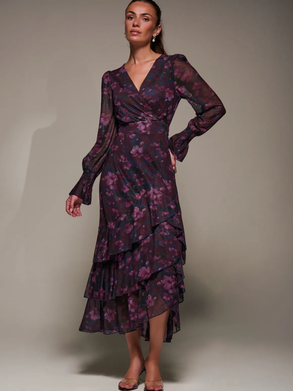 Long Sleeve Ruffle Hem Mesh Maxi Dress, Navy Floral