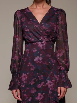 Long Sleeve Ruffle Hem Mesh Maxi Dress, Navy Floral