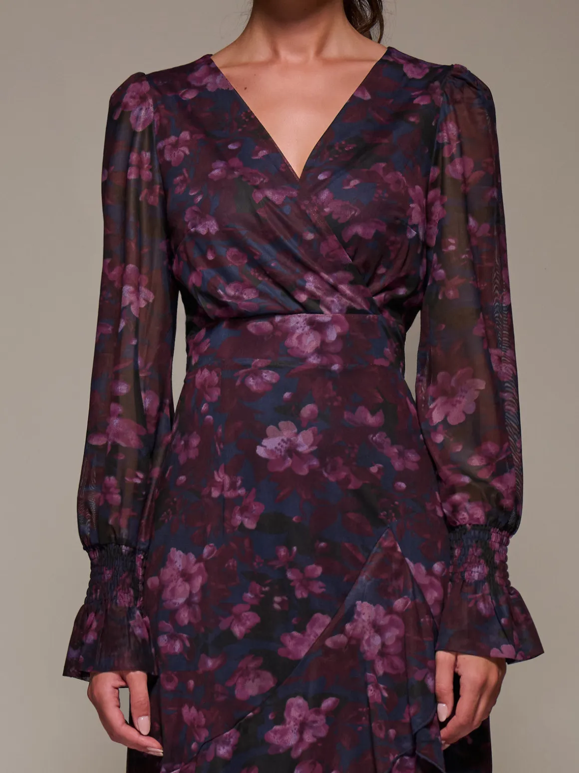 Long Sleeve Ruffle Hem Mesh Maxi Dress, Navy Floral