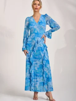 Long Sleeve Ruffle Mesh Maxi Dress, Blue Abstract